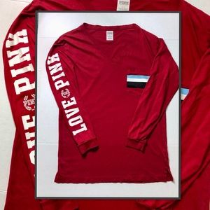 PINK VICTORIAS SECRET RED LONG SLEEVE CAMPAS POCKET  T SHIRT S